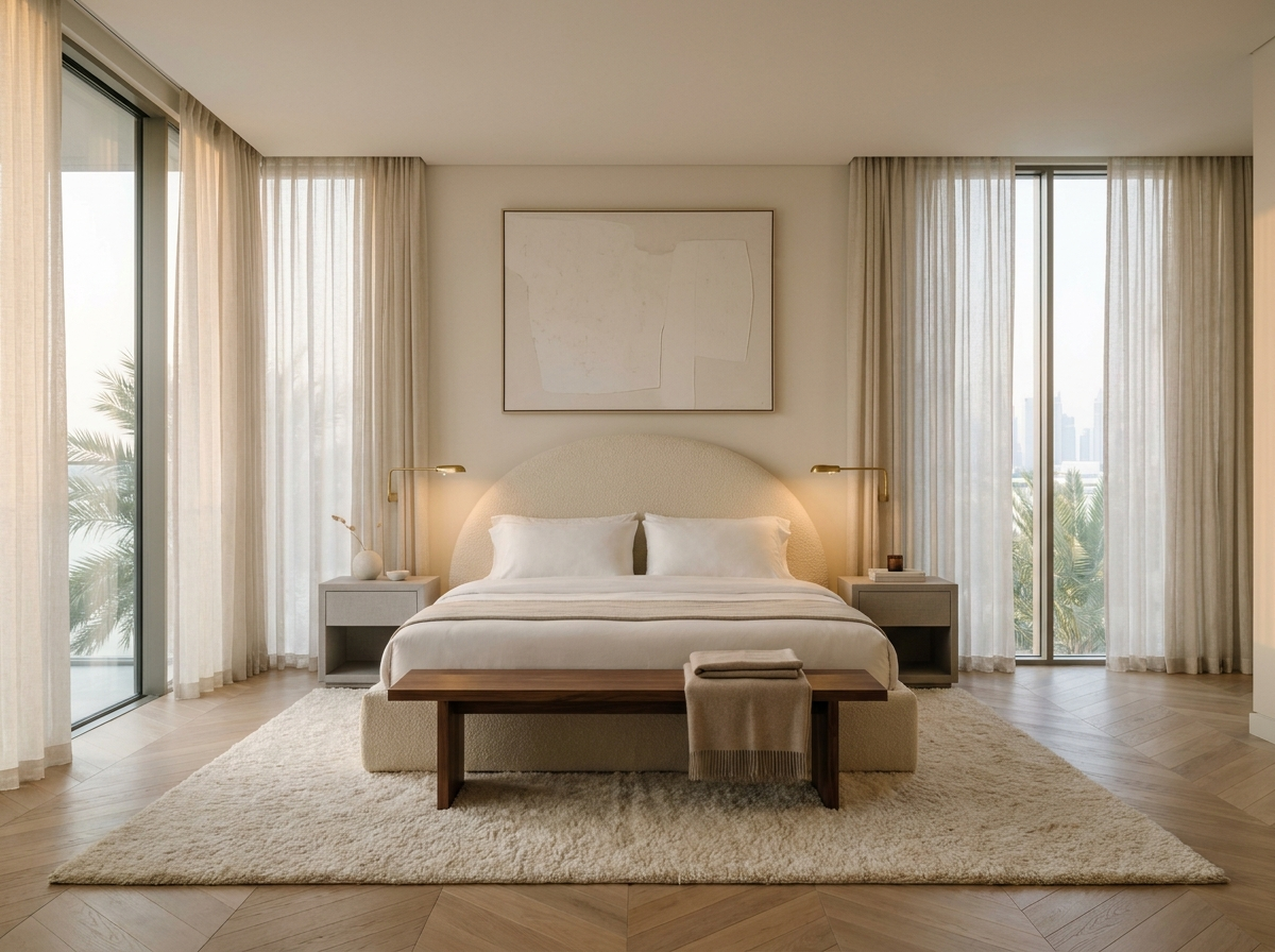 Finished luxury Phuket master bedroom with cream boucle headboard and oak chevron floor