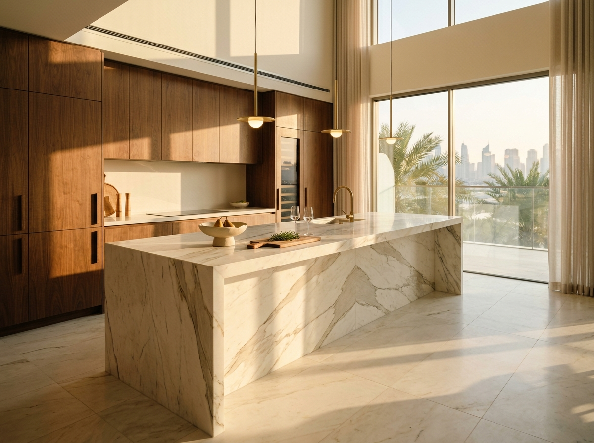 Finished luxury Phuket kitchen with Calacatta marble waterfall island and oiled walnut cabinetry