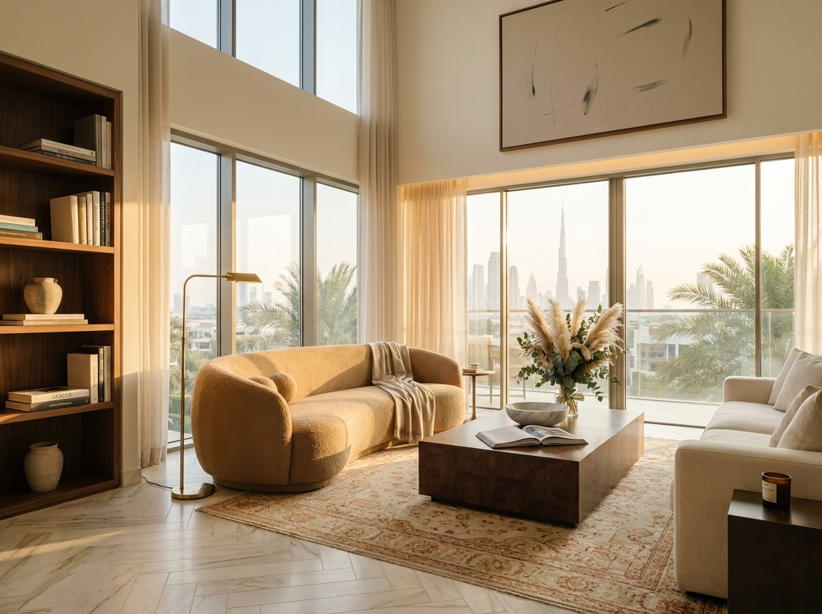 Finished luxury Phuket living room with curved camel boucle sofa, walnut bookshelf, Calacatta marble herringbone floor