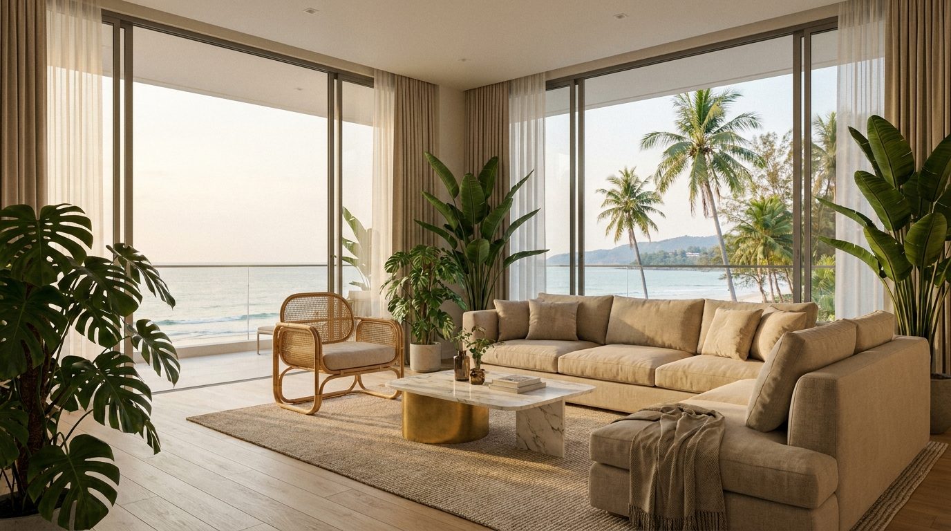 Same Bang Tao apartment fully furnished by Costa Global Capital concierge, Italian boucle sofa, oak chevron floor, brass lighting, marble kitchen, sheer linen curtains, golden hour