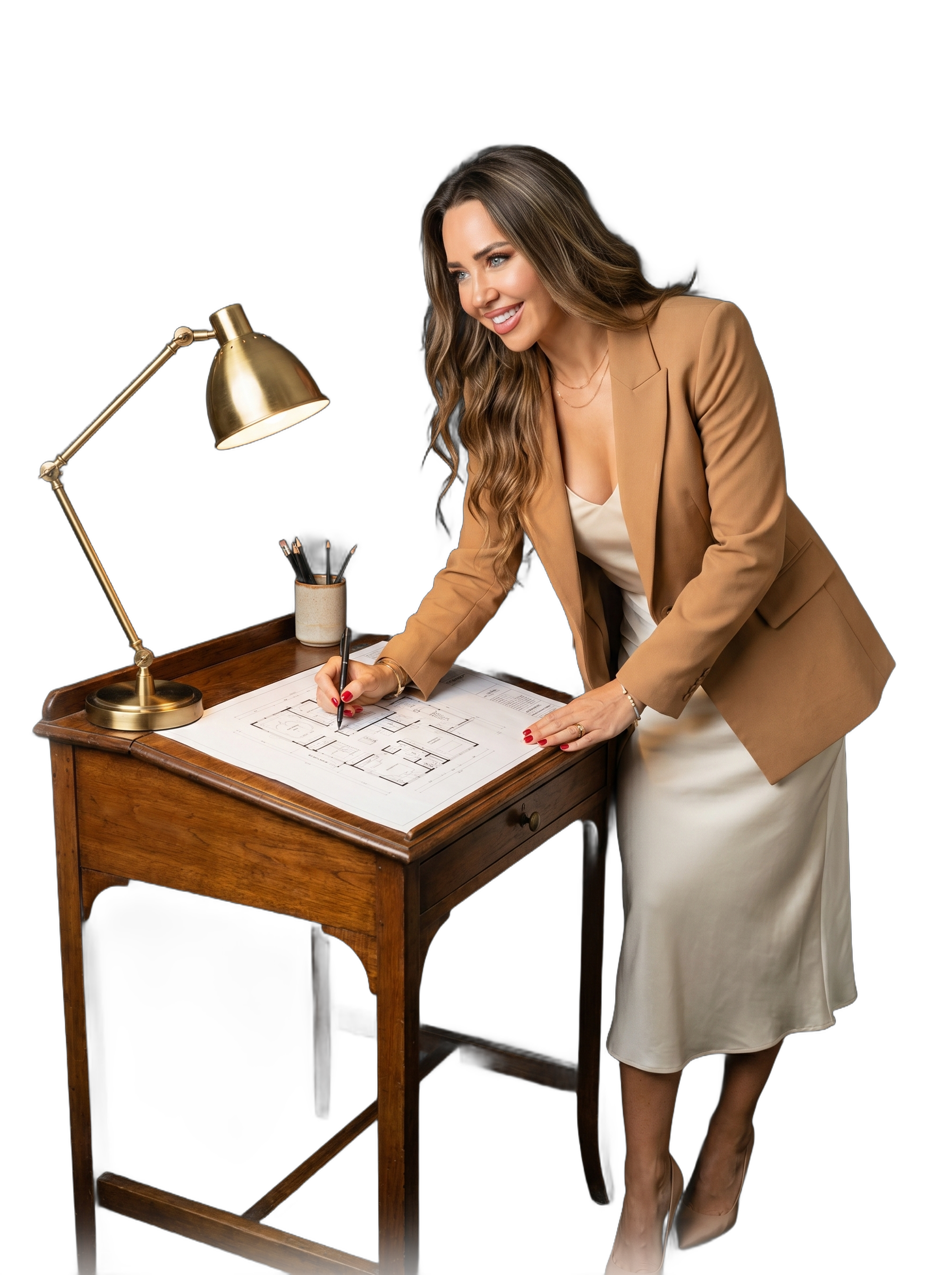 Michelle Costa sketching on a floor plan at the drafting table